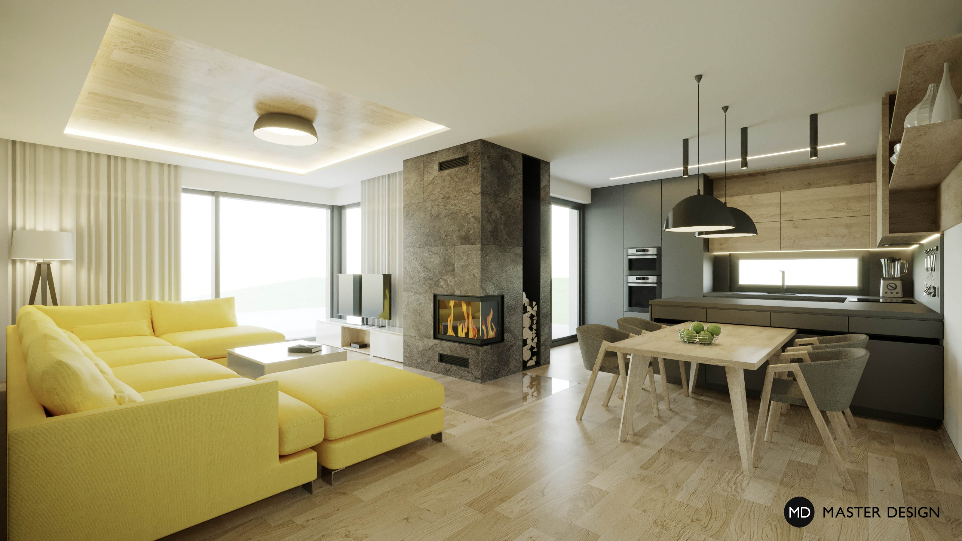 Obývací pokoj s kuchyní a dominantním krbem - Vysoký Újezd u Berouna - Vizualizace 1