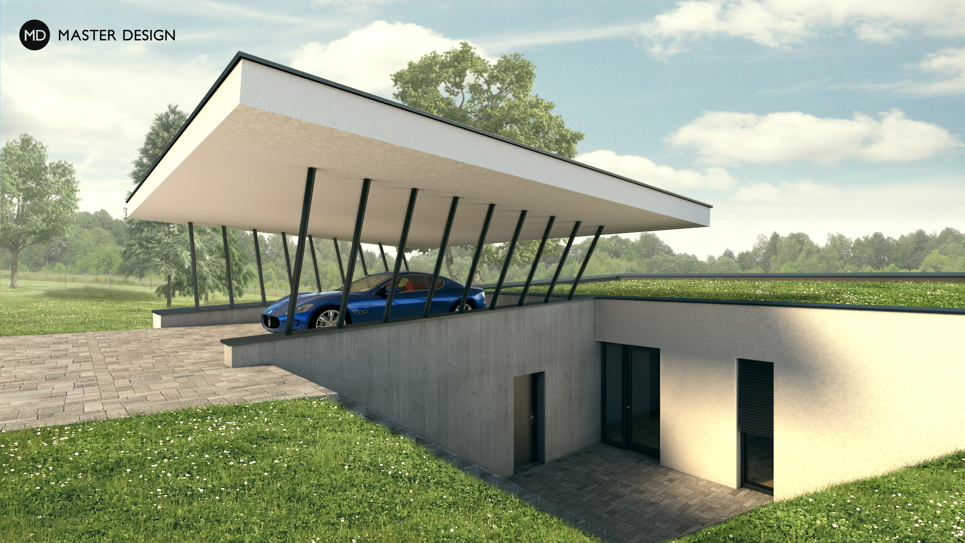 Ojedinělý moderní dům pro milovníky sportovních aut s designovým krytým stáním - Benice u Prahy - Vizualizace 3