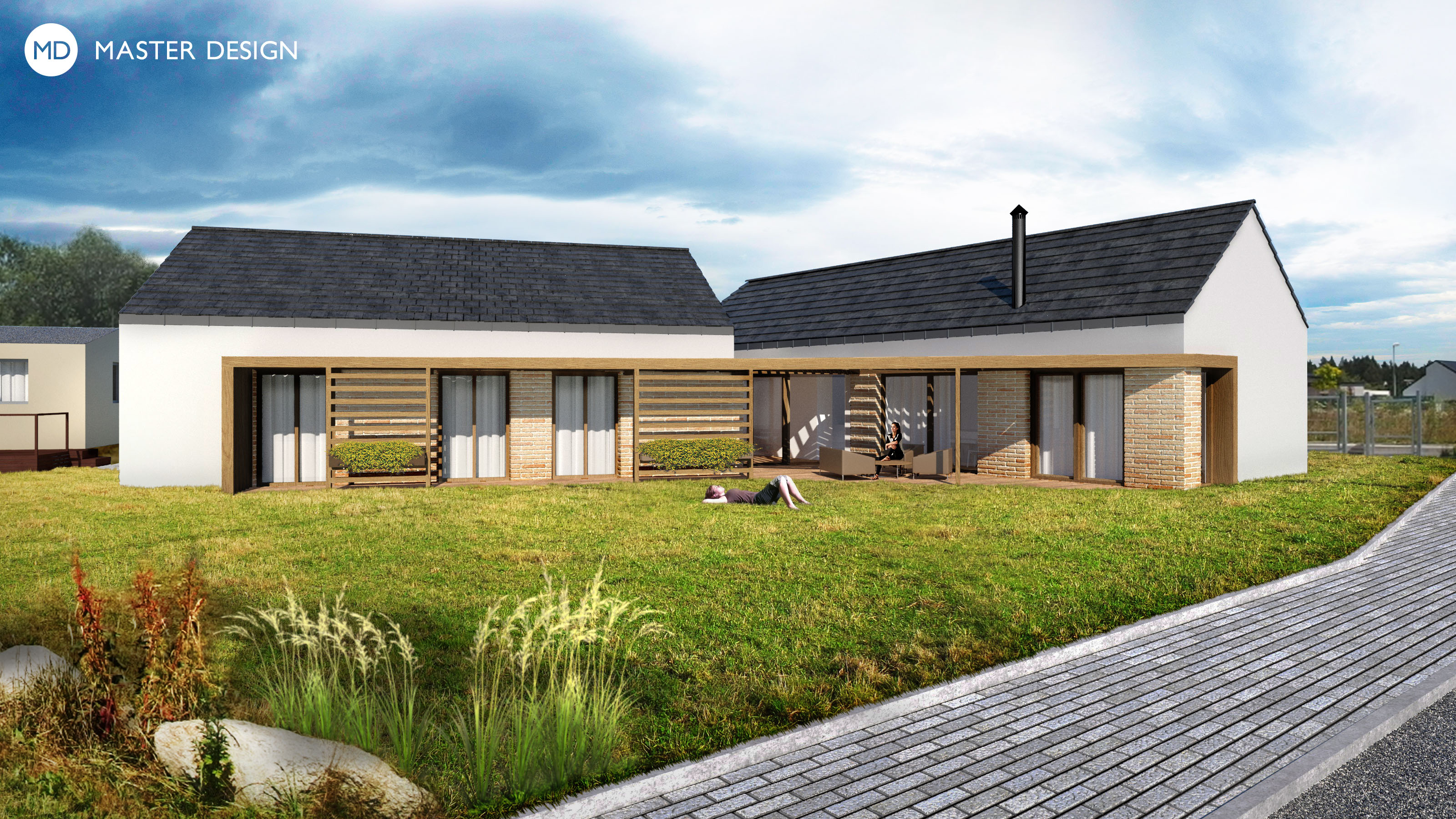 Moderní bungalov 2v1 se sedlovými střechami a velkou dřevěnou krytou terasou pro obchodníka - Struhařov - Vizualizace 1
