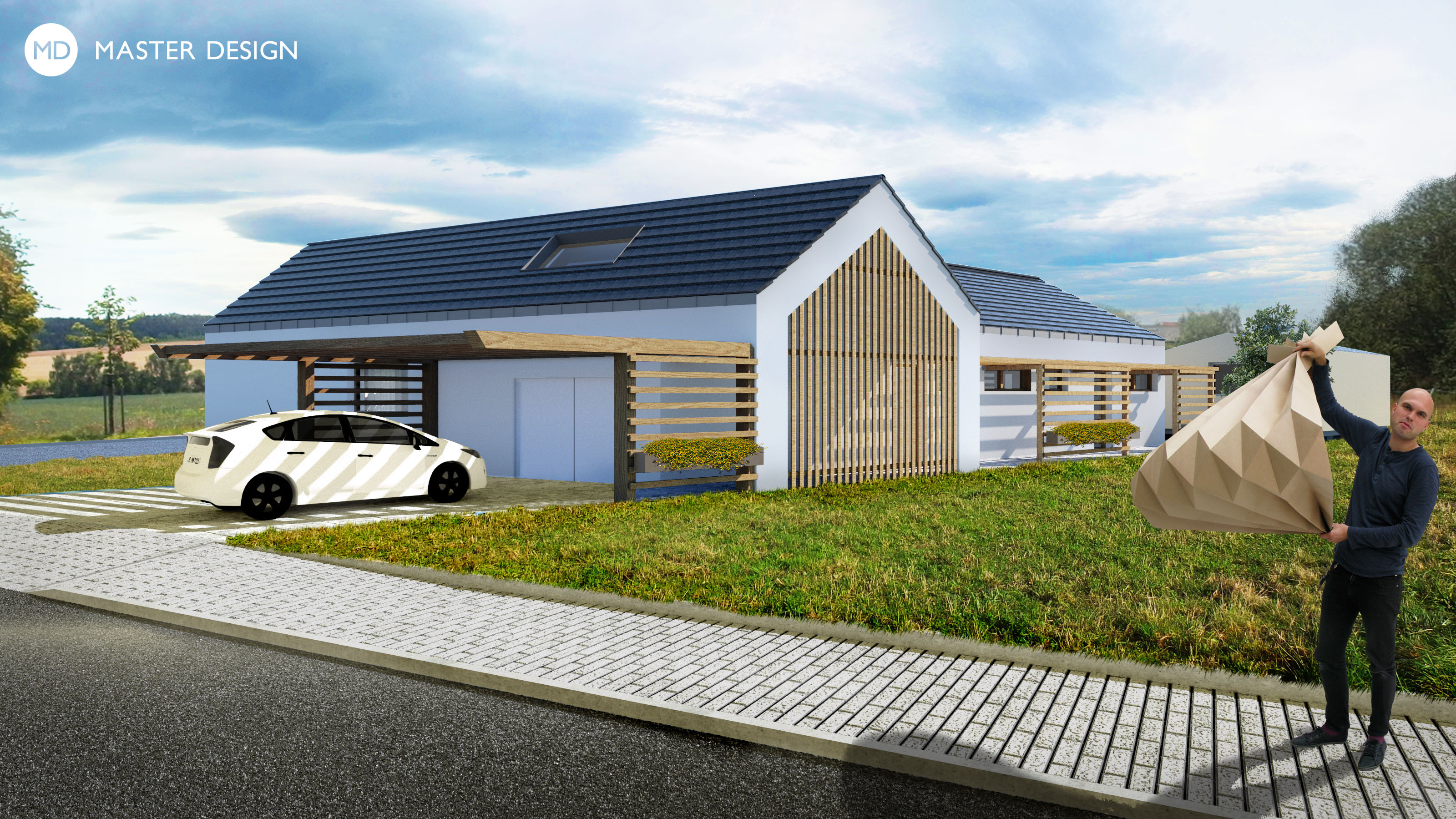 Moderní bungalov 2v1 se sedlovými střechami a velkou dřevěnou krytou terasou pro obchodníka - Struhařov - Vizualizace 2