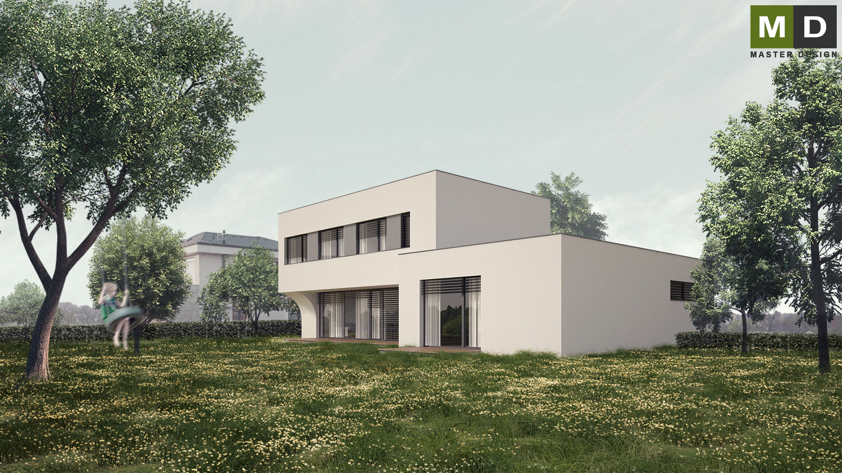 Bílý nízkoenergetický dům s plochou střechou - Praha Dolní Chabry - Vizualizace 3