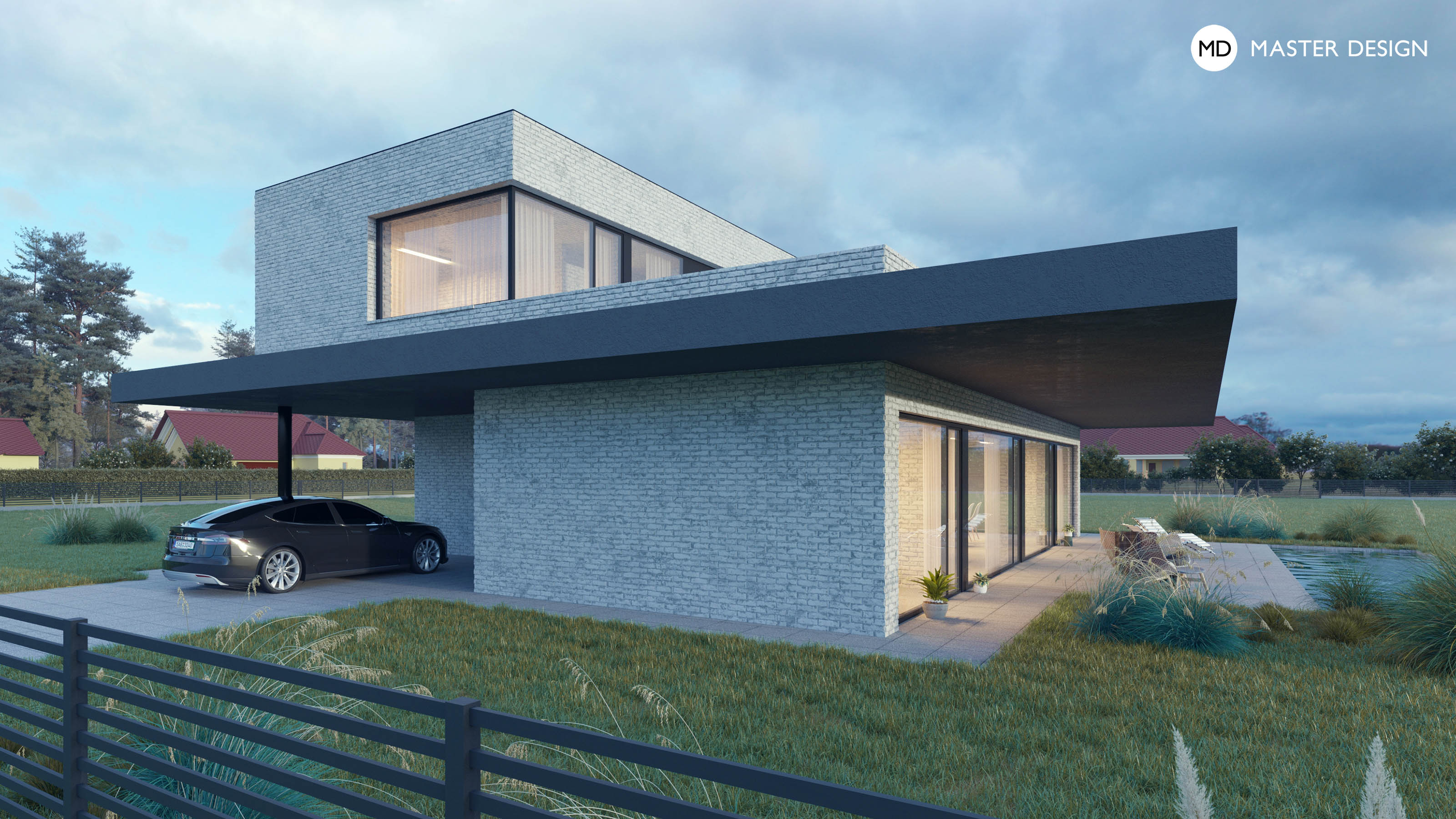 Family House with White Bricks Cladding and a Distinctive Roof Hem - Zbuzany - Vizualizace 1