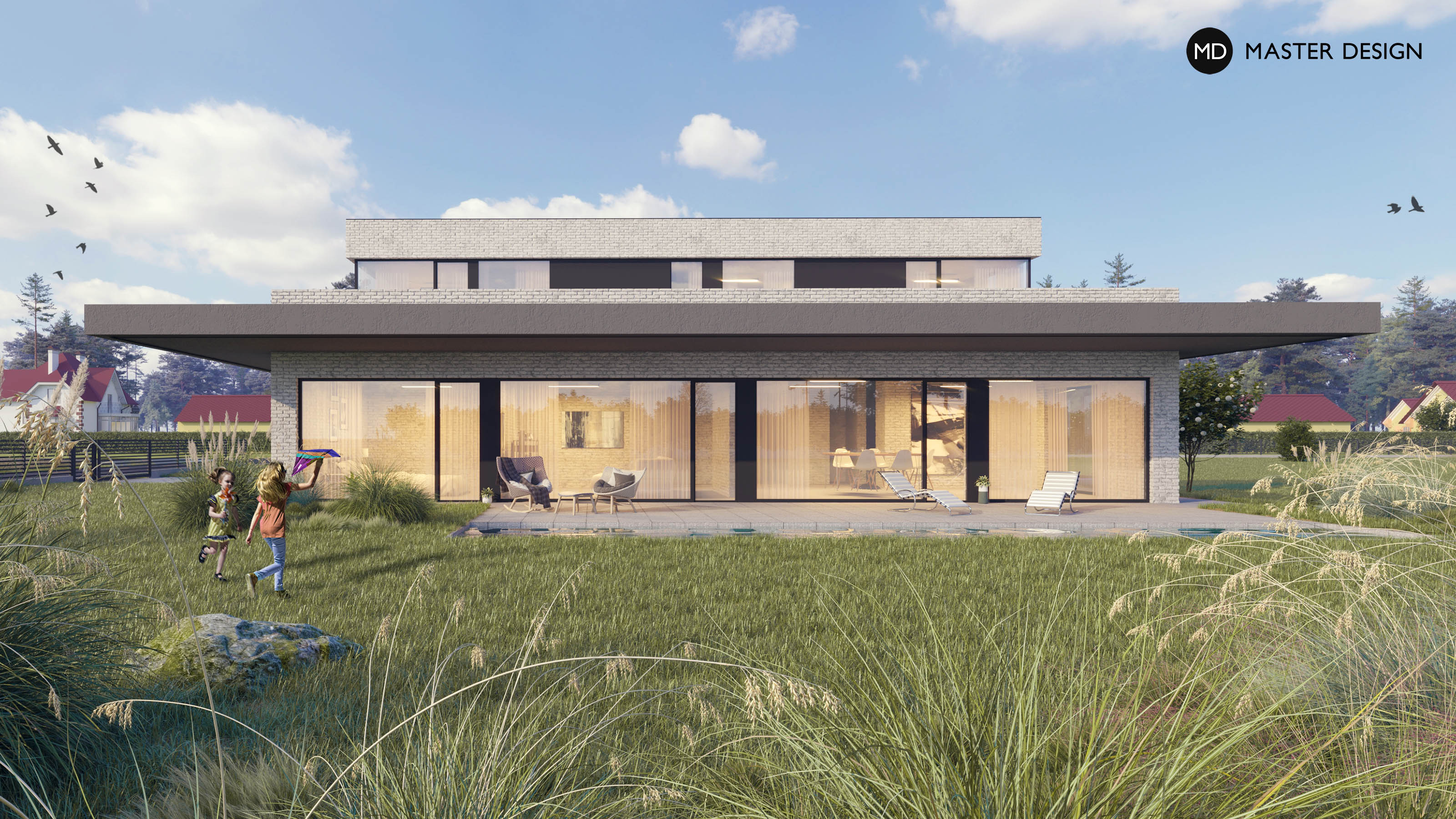 Family House with White Bricks Cladding and a Distinctive Roof Hem - Zbuzany - Vizualizace 2