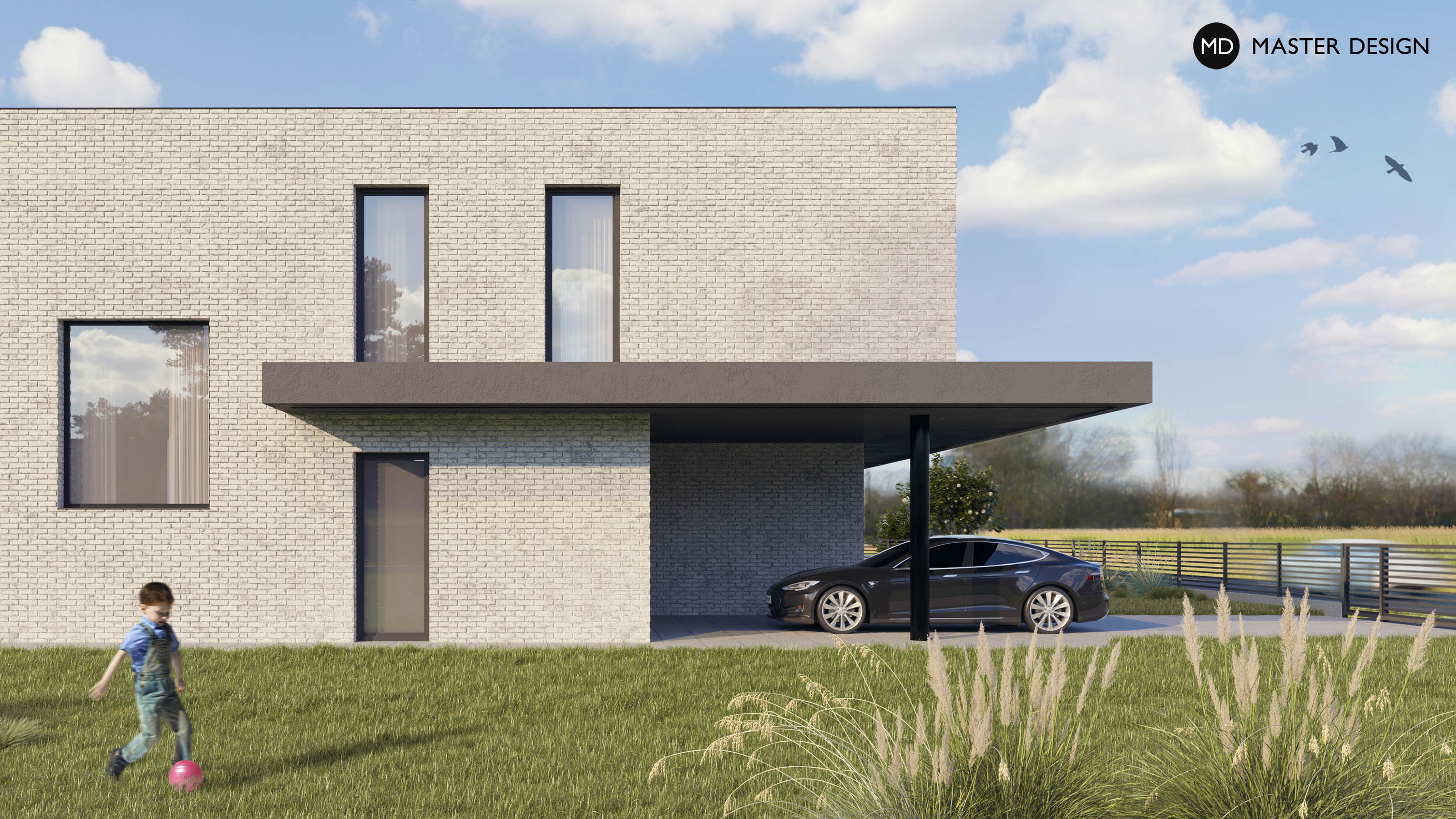 Family House with White Bricks Cladding and a Distinctive Roof Hem - Zbuzany - Vizualizace 3