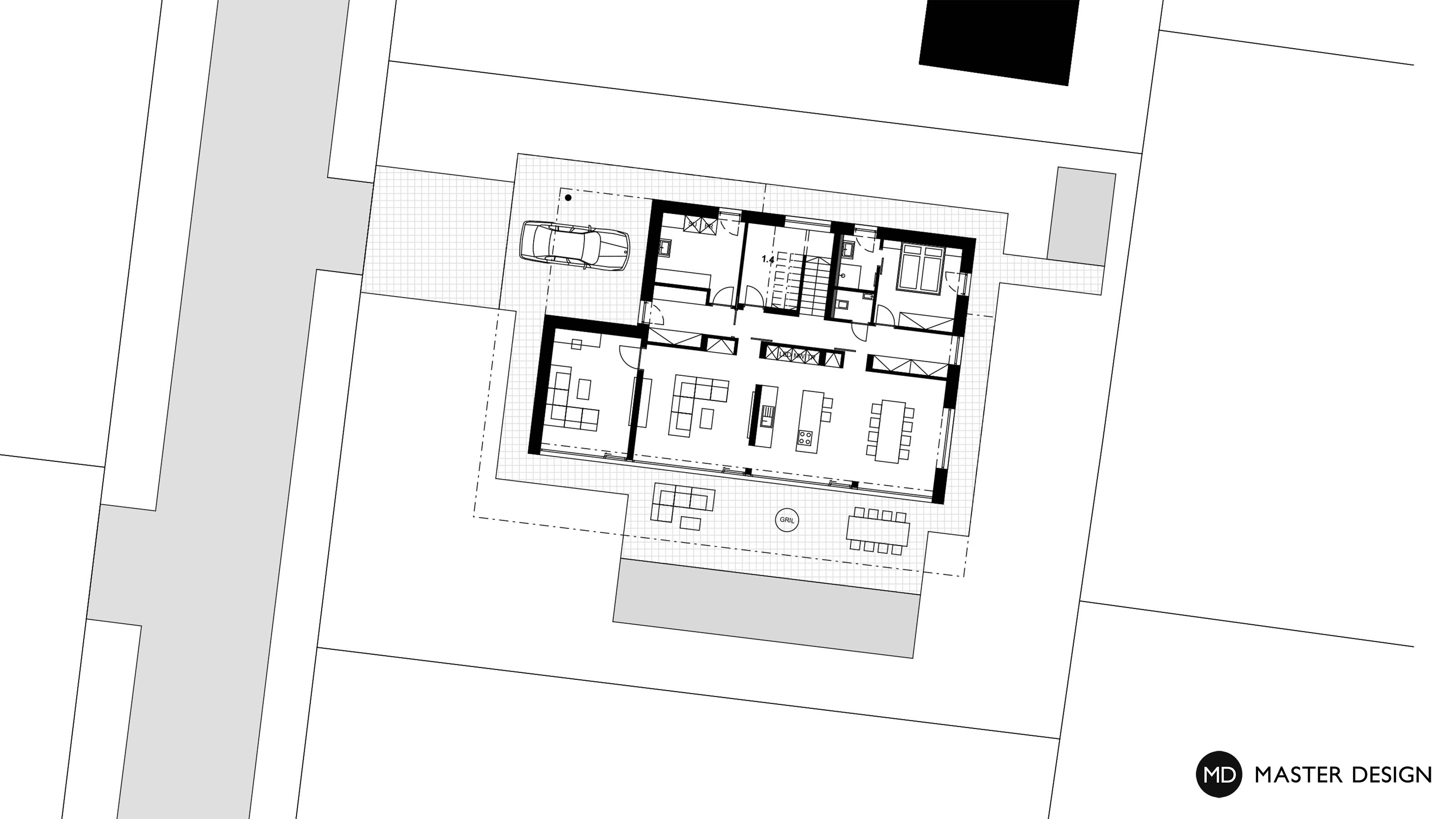 Rodinný dům s bílým cihelným obkladem a výrazným střešním lemem - Zbuzany - Vizualizace 4