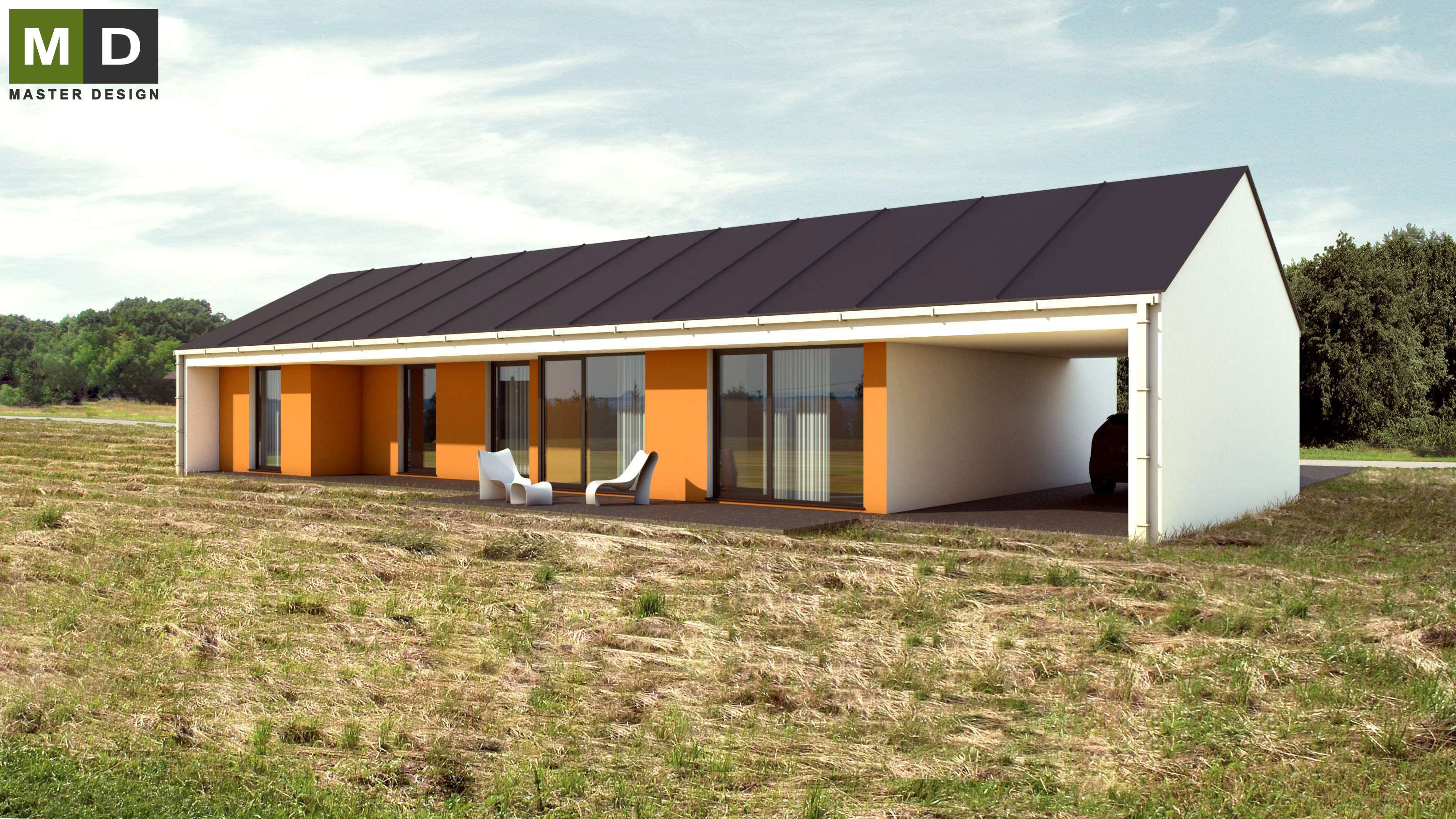 Pasivní přízemní dřevostavba se sedlovou střechou - Developerský projekt do Švýcarska - Vizualizace 3